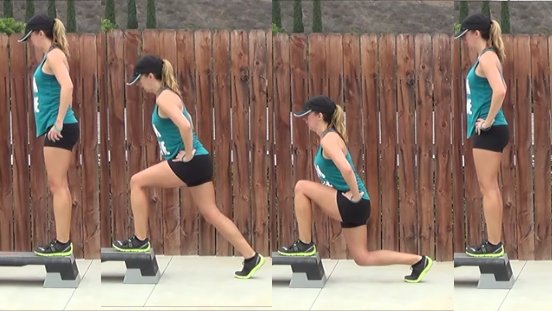 Personal trainer showing a reverse lunge off the back of a step