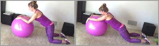 personal trainer performing abdominal roll out on a pink stability ball