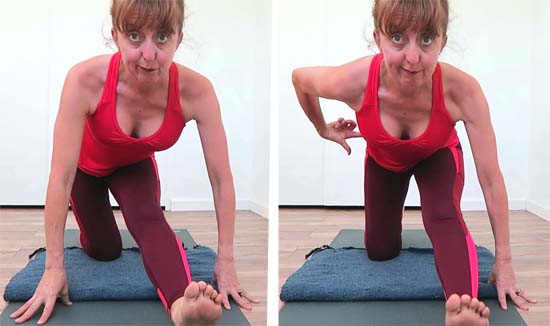Yoga teacher in half split pose with misaligned vs aligned in center