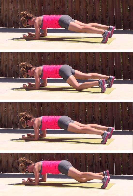 Personal trainer demonstrating plank forearm plank progressions
