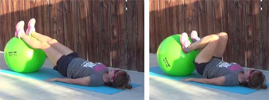 personal trainer performing hamstring curl exercise with stability ball