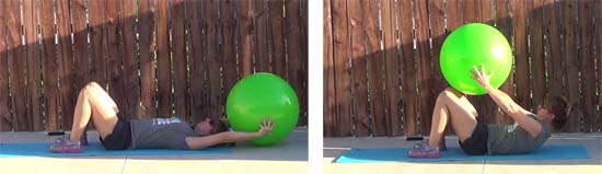 personal trainer performing crunch core exercise with stability ball