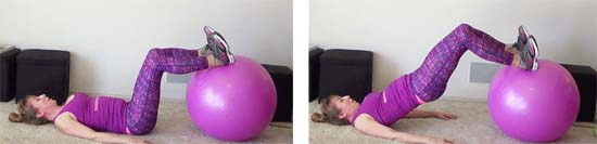 personal trainer performing glute bridge on a pink stability ball