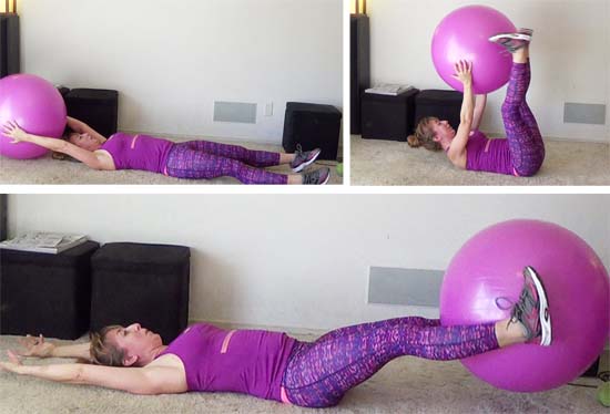 personal trainer performing ball-pass-through on a pink stability ball