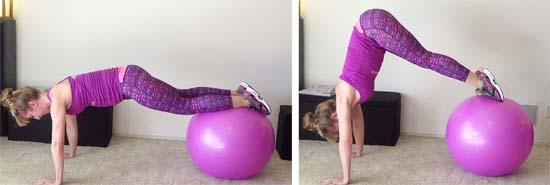 personal trainer performing pike exercise on a pink stability ball