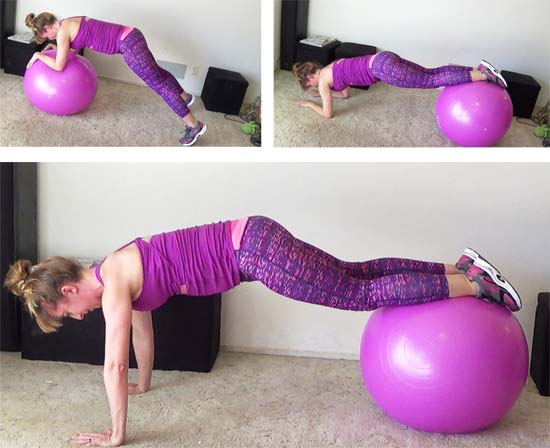 personal trainer performing variations of plank exercise on a pink stability ball