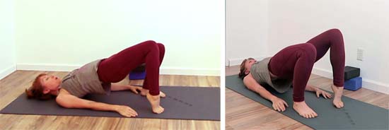 yoga teacher showing bridge pose with alternating tip toes