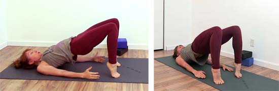 yoga teacher showing bridge pose on tip toes
