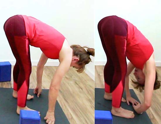 yoga teacher in uttanasana, before and after doing half split exercises.