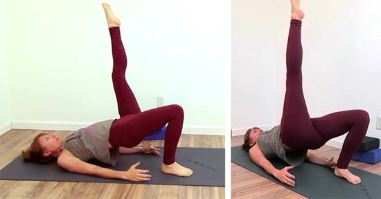 yoga teacher showing single leg bridge pose
