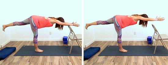 yoga teacher showing warrior 3 with chair