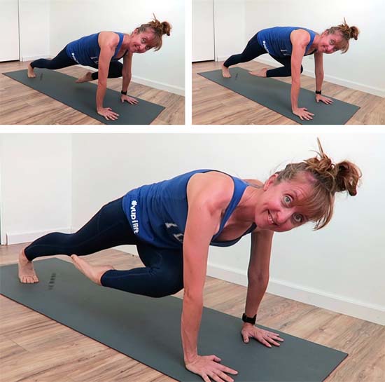 Yoga teacher in plank with knee to chest/elbows.