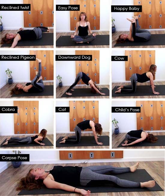 Yoga teacher demonstrating all 10 yoga poses