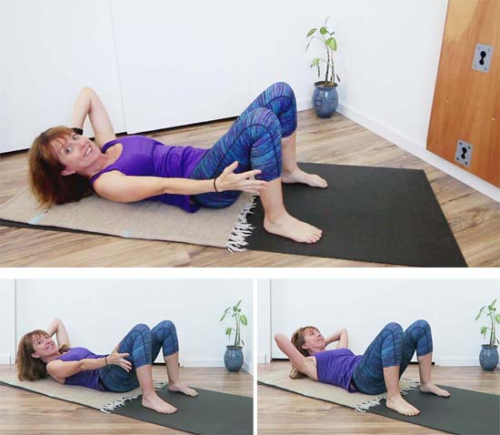 Yoga teacher demonstrating crunch with lateral side flexion