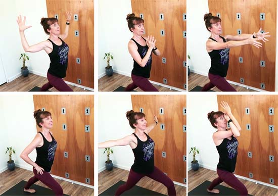 warrior 1 arm variations . Goddess arms, prayer, reaching forward, hands on hips, out to sides, and eagle arms.