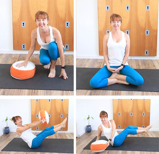 meditation cushion zafu, seated, and using it as a weight for boat pose.
