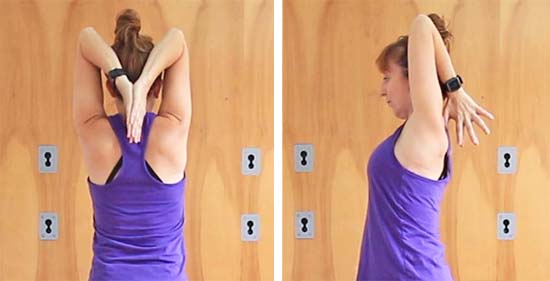triceps stretch with the arms up, elbows bent and thumbs to neck.