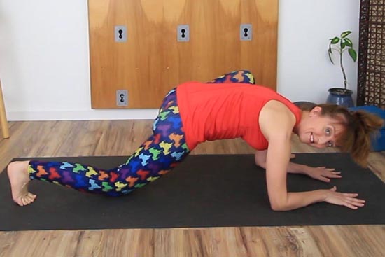 yoga teacher demonstrating lizard pose with back knee on the floor