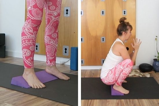 using a yoga wedge in a deep yoga squat, malasana