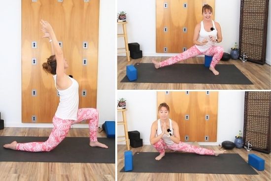 Woman in white tank top and pink paisley pants performing yoga poses