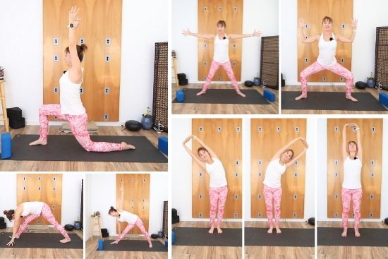 Woman in white tank top and pink paisley pants performing yoga poses from moon salutation sequence
