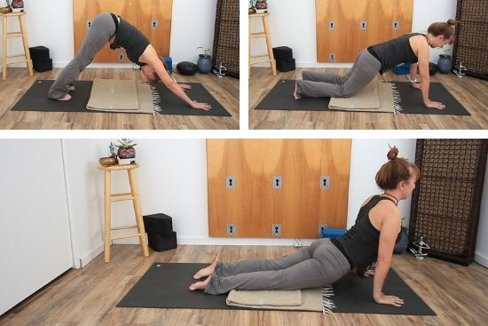 woman doing yoga poses - downward dog, kneeling plank & upward facing dog