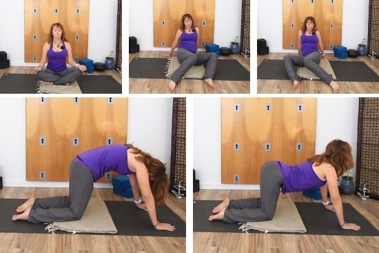 Yoga teacher in grey pants and purple tank top demonstrating Modified SugarCane Yoga Pose Sequence warm up exercises