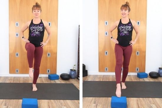 Woman standing on one leg, one foot touching a yoga block