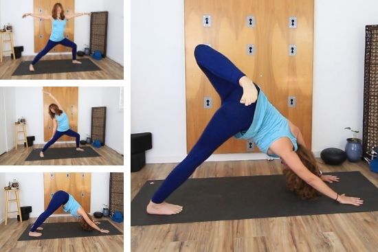 yoga teacher dressed in blue demonstrating poses on a yoga ma