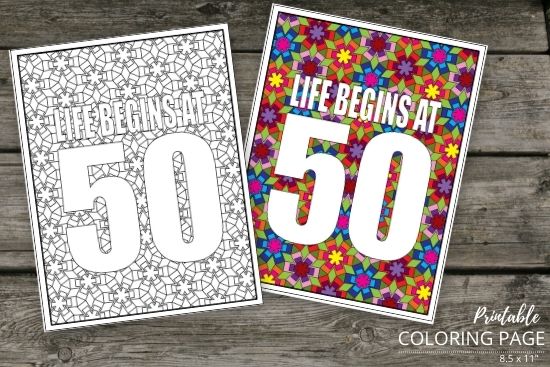 Coloring pages with "life begins at 50"