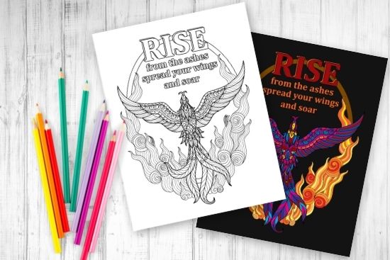 Phoenix Coloring page, one outlined and one completed and colored with coloring pencils