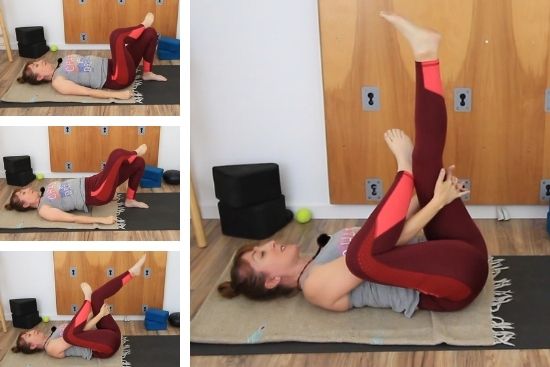 woman on floor doing yoga poses in red yoga pants