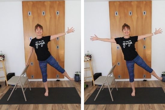 yoga teacher demonstrating star pose with a chair
