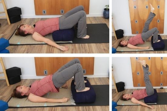 yoga teacher demonstrating yoga poses with a bolster, Pink top, grey pants