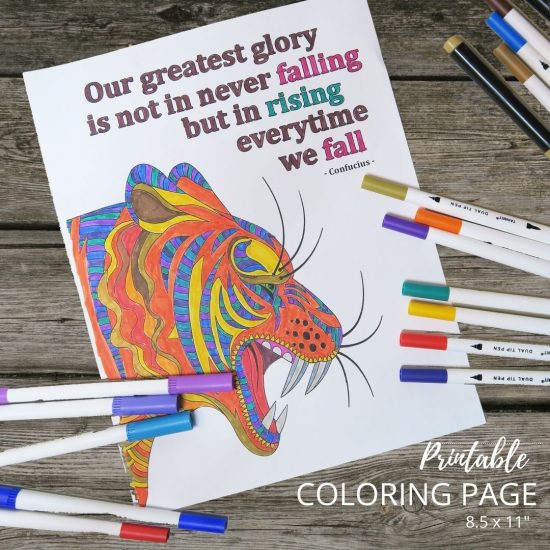 tiger printable coloring page colored with pens scattered