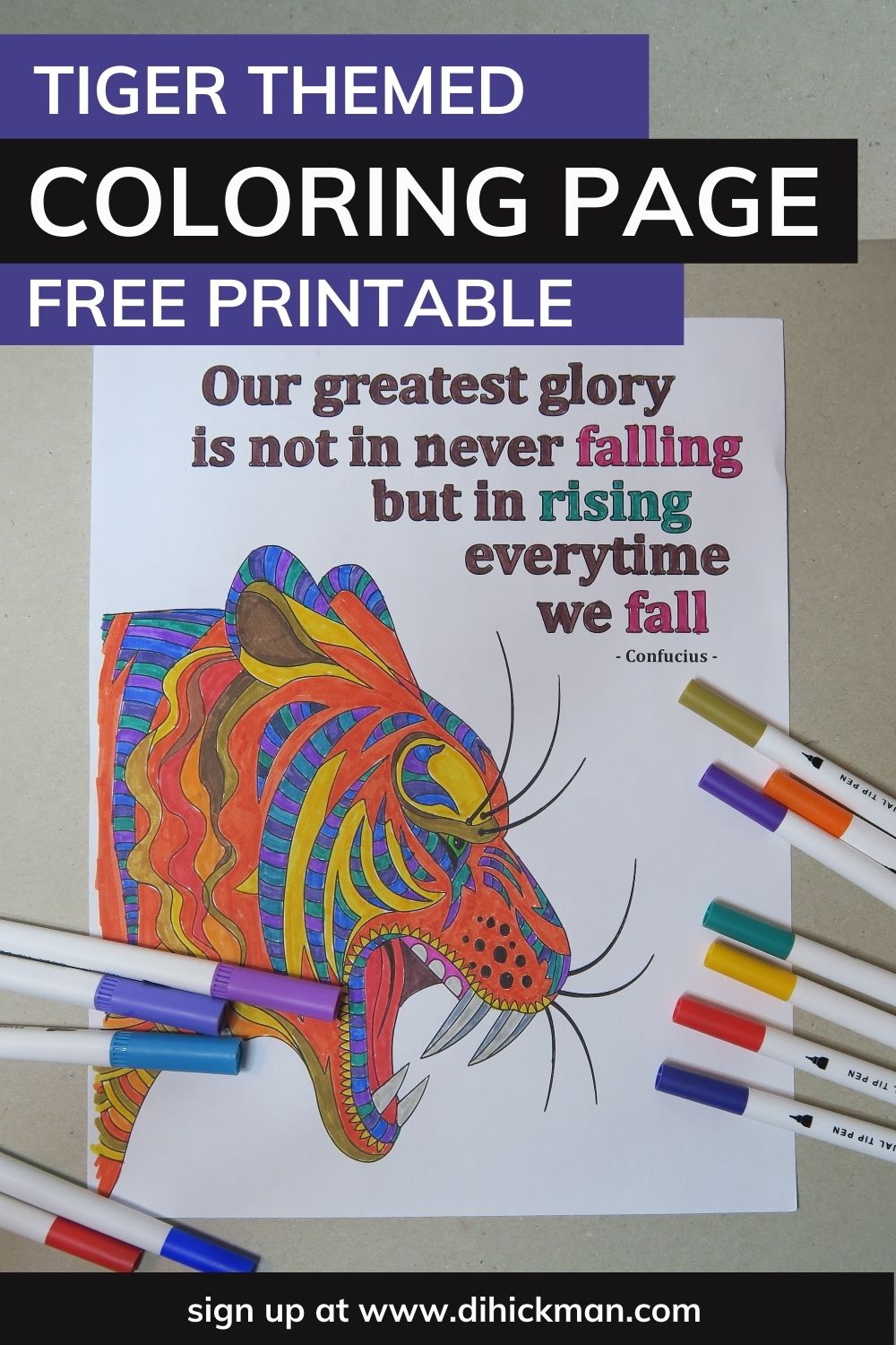 Tiger themed coloring page free printable with Confucious quote