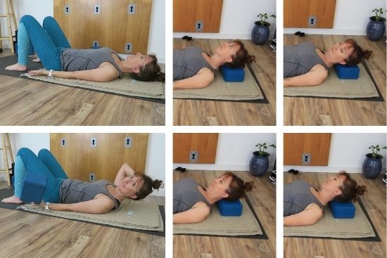 yoga teacher demonstrating yoga block neck release stretches