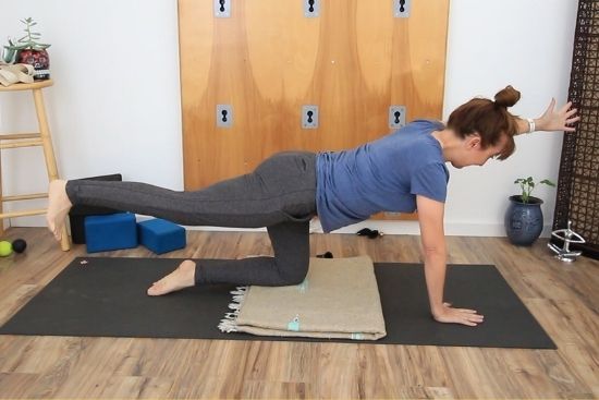 yoga teacher demonstrating bird dog tutorial on yoga mat
