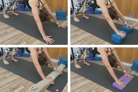 ways of Supporting the hands and wrists in downward dog using blocks, blanket and wedge